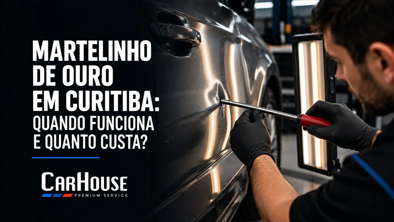 Técnico removendo amassado da porta de um carro com martelinho de ouro e painel de luz