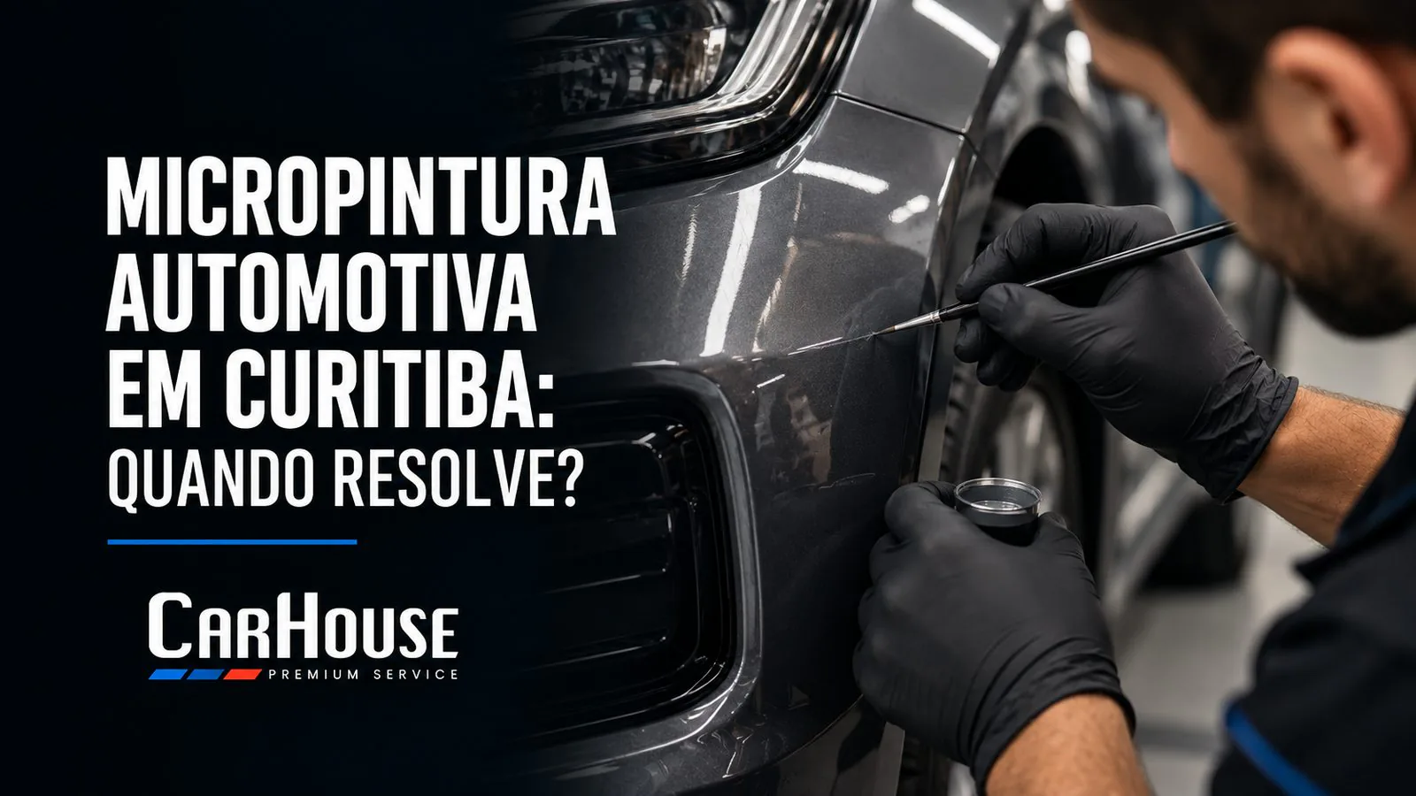 Técnico aplicando micropintura em um risco no para-choque de um carro escuro