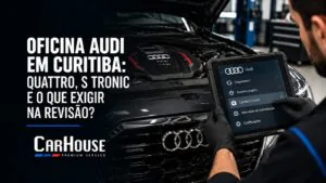 Técnico fazendo diagnóstico em um Audi com tablet mostrando o sistema quattro e o câmbio S tronic