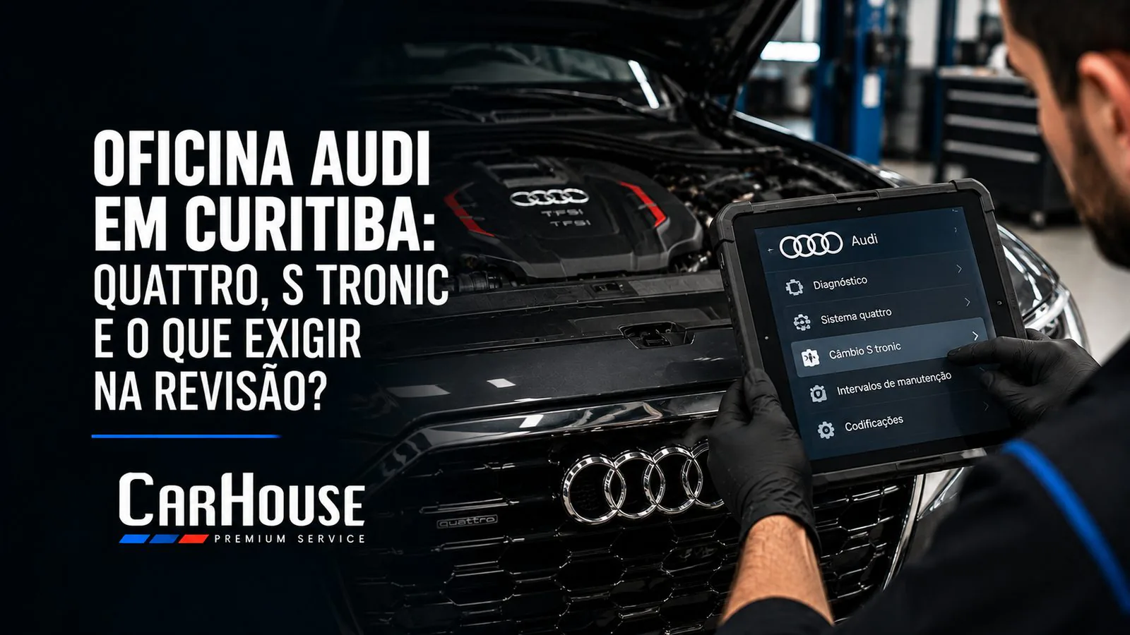 Técnico fazendo diagnóstico em um Audi com tablet mostrando o sistema quattro e o câmbio S tronic
