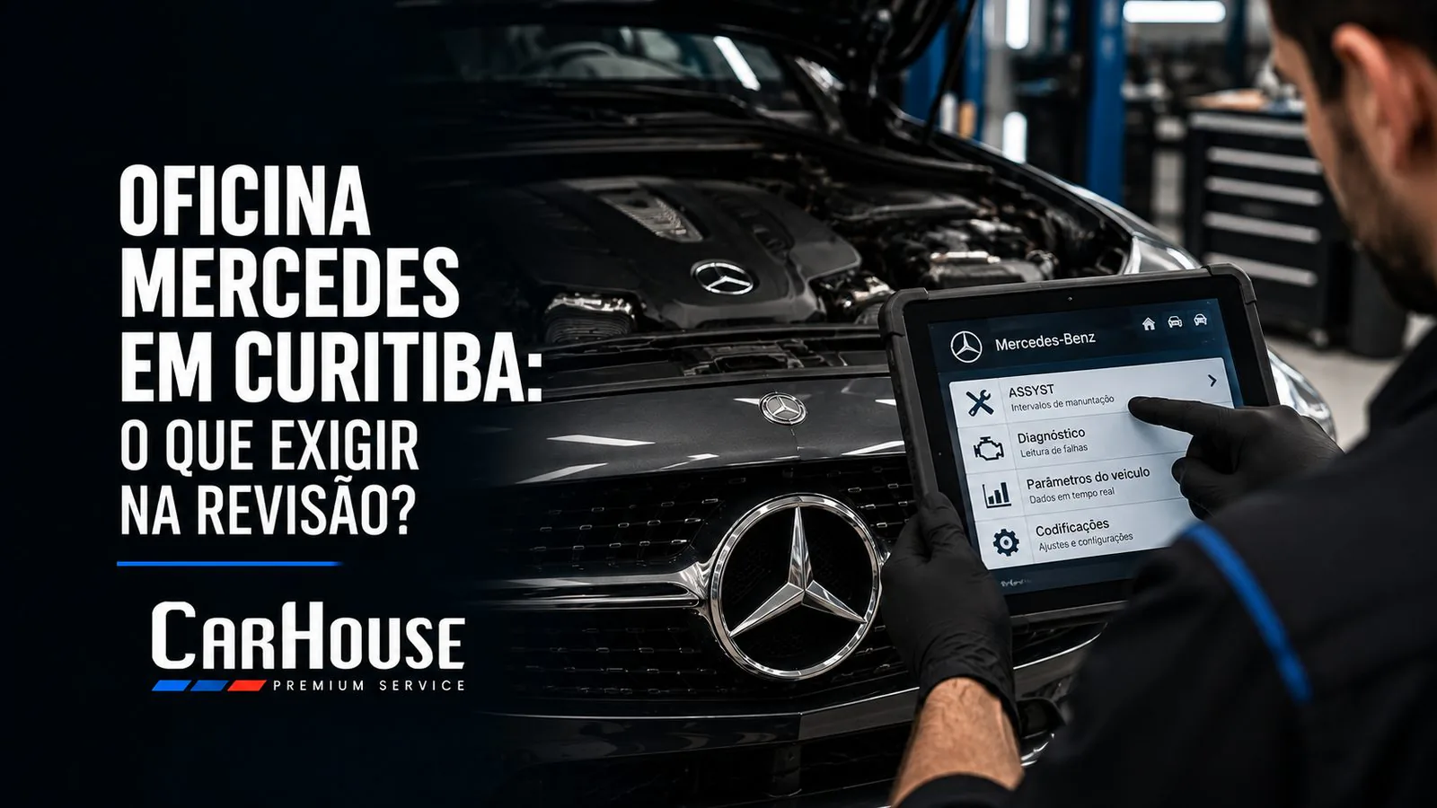 Técnico fazendo diagnóstico eletrônico em uma Mercedes-Benz com tablet aberto no menu ASSYST