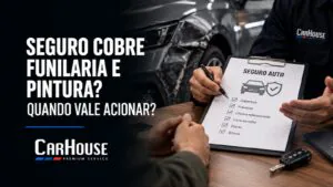 Consultor e cliente revisando checklist de seguro auto com cobertura, franquia e oficina, ao lado de um carro batido