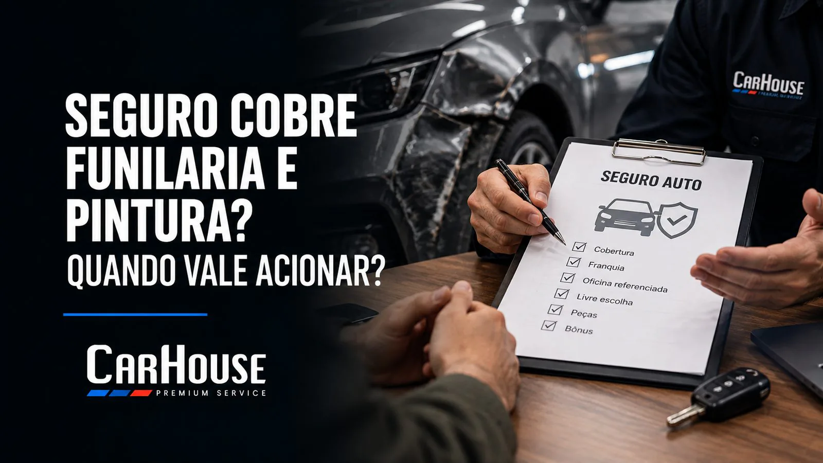 Consultor e cliente revisando checklist de seguro auto com cobertura, franquia e oficina, ao lado de um carro batido