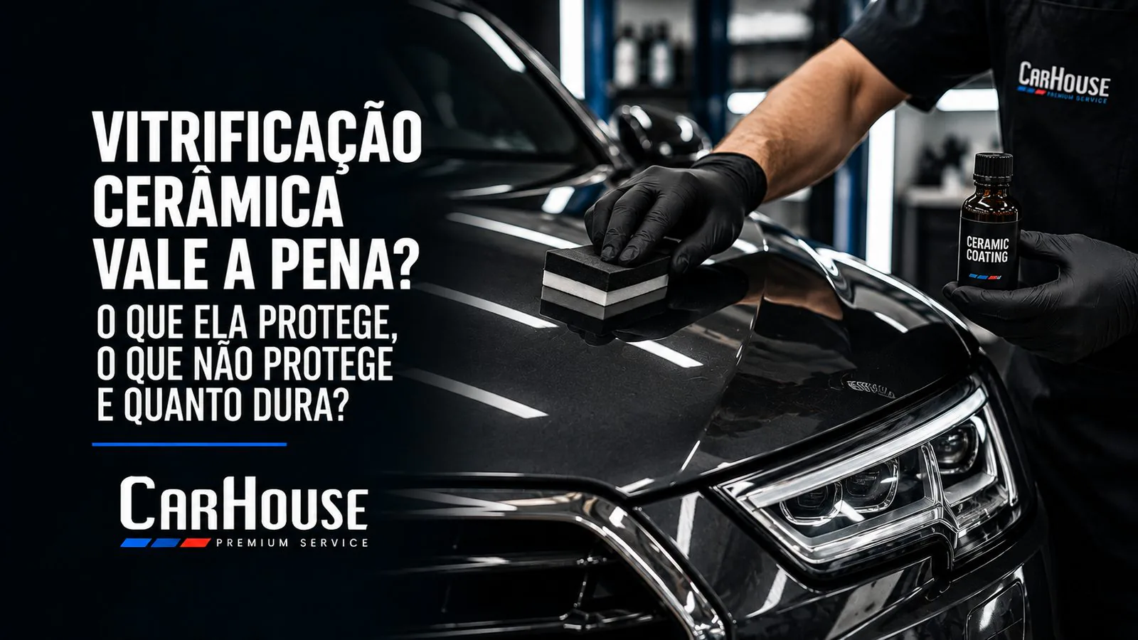 Aplicação de vitrificação cerâmica no capô de um carro preto